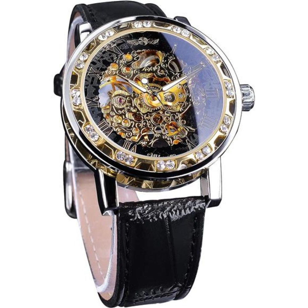 Retro Manual Mechanical Skeleton Watch with Diamond and Carving Flower Craft Men
